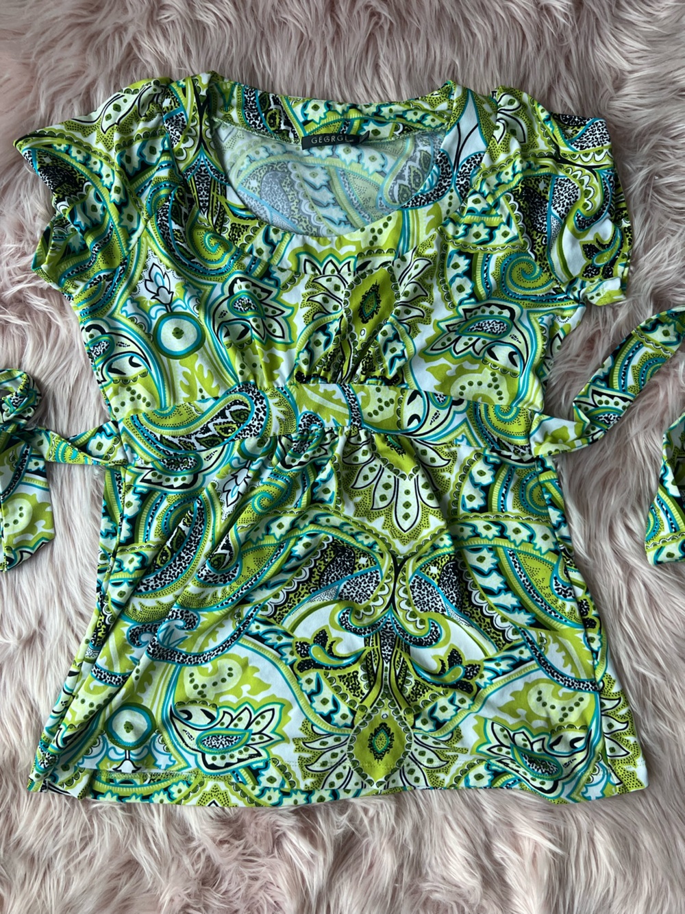 Y2K George Green Paisley Maxi Skirt with Teal Accents Medium